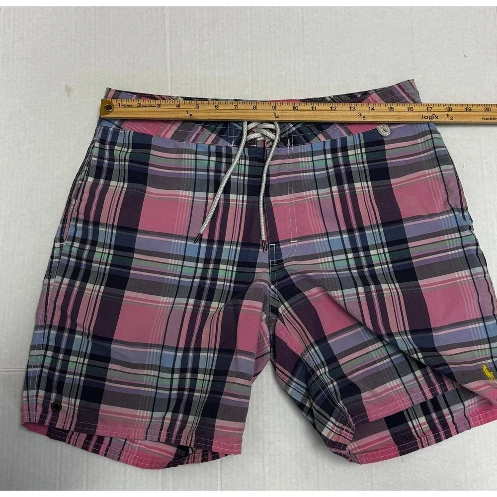 Polo Ralph Lauren Mens Swim Trunks Pink Purple Plaid Board Shorts 32 Inseam 7